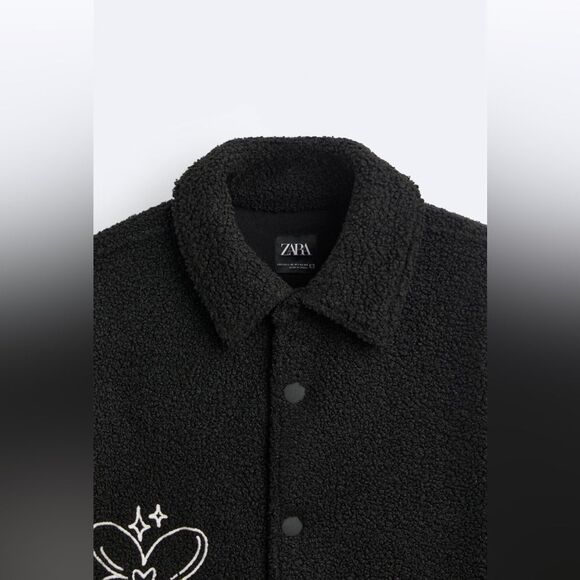 Zara Black Embroidered Faux Shearling Streetwear Utility Overshirt Size L/XL - Picture 7 of 16